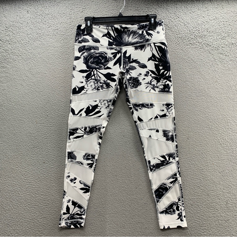Lululemon Women’s Black White Pace Rival Crop Leggings Floral Mesh Stripes Gym